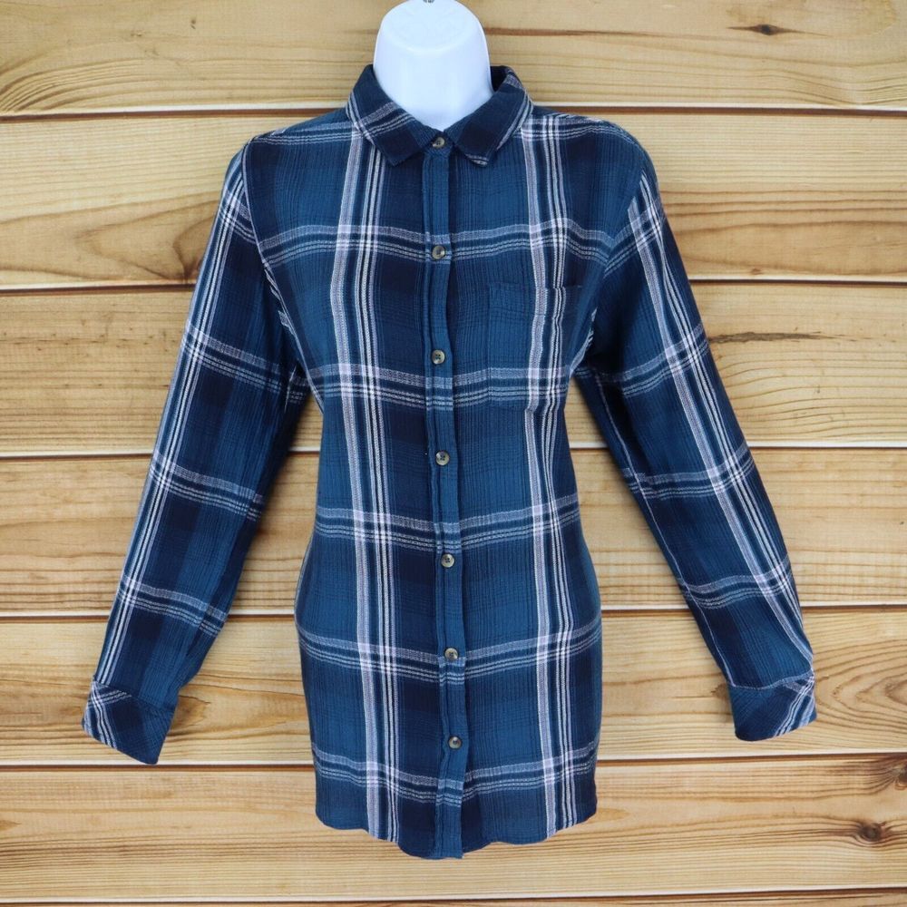 Sonoma Button Up Shirt Womens Size S Blue Plaid Cotton Blend Long Sleeve Collar